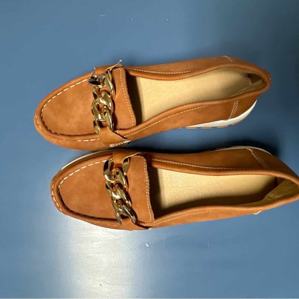 Brown Loafers with Gold Chain Accent